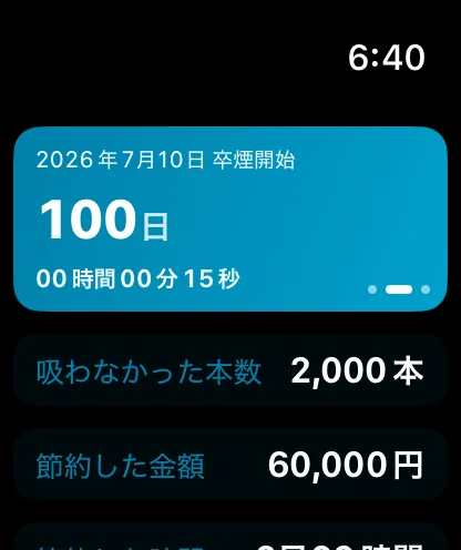 Apple Watchのアプリ画面。2026年7月10日に卒煙開始、100日、吸わなかった本数2,000本、節約した金額60,000円