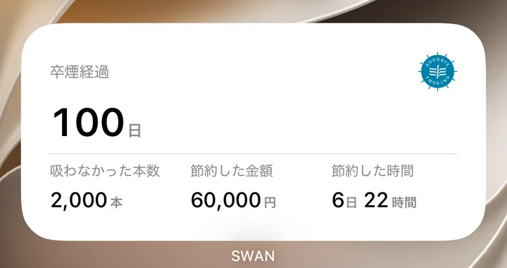 ホーム画面の中サイズのウィジェット。卒煙経過100日、吸わなかった本数2,000本、節約した金額60,000円、節約した時間6日22時間